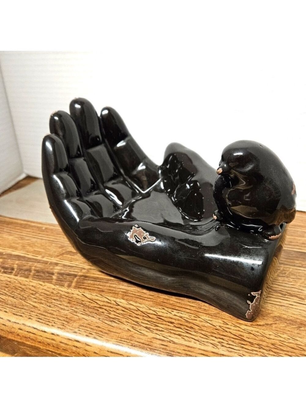 Vintage Large Black Glazed Ceramic Hand with Bird (Nancy Funk?)